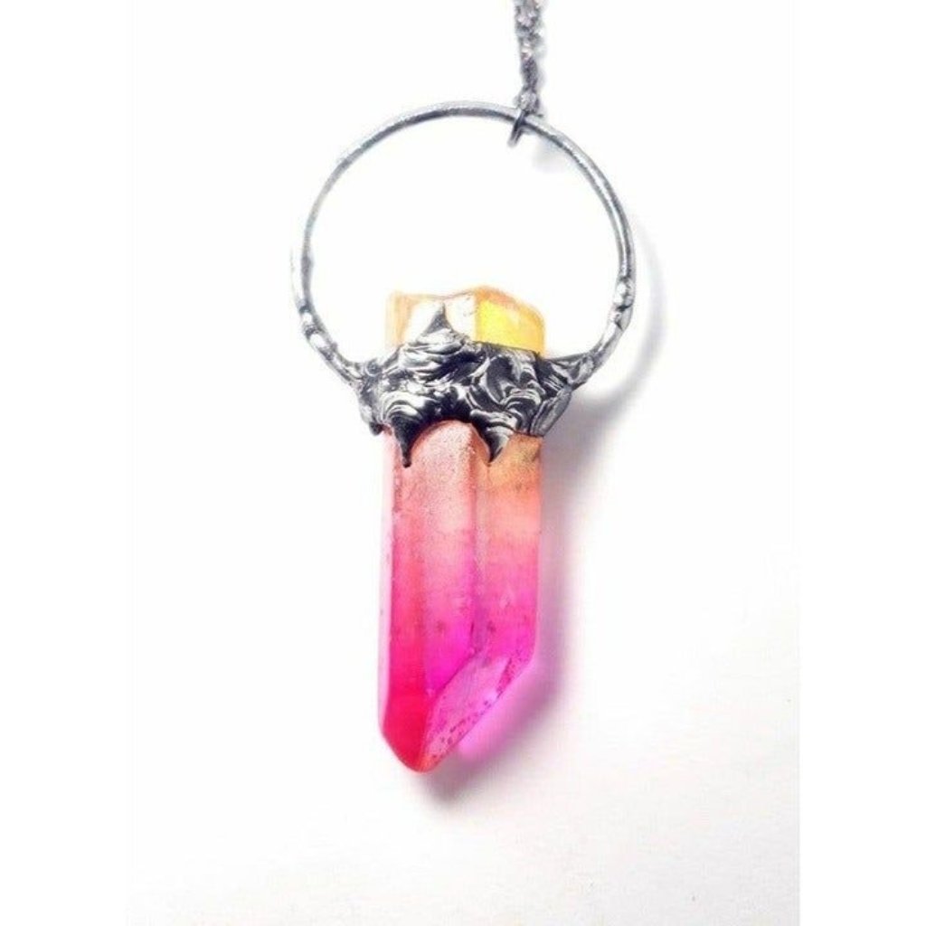 Pink And Yellow Area Quartz Crystal Necklace 54$